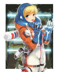 1girl, apex legends, backpack, bag, bangs, blue eyes, blue gloves, blue sweater, blush, bodysuit, electricity, eyebrows visible through hair, gloves, hood, hood up, hyakusannjyuugo, jacket, looking at viewer, open hands, open mouth, orange jacket, ribbed sweater, solo, sweater, thigh strap, wattson (apex legends), white bodysuit