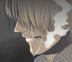 Rule 34 | 1boy, bad id, bad pixiv id, hair over eyes, male focus, manly, manly tears, nako (lovable), one piece, sanji (one piece), smoke, smoking, solo, tears