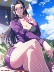 Rule 34 | 1girl, absurdres, artist name, black hair, blue eyes, blue sky, blurry, blurry background, breasts, chocolate, cleavage, closed mouth, cloud, collarbone, crossed legs, day, earrings, female focus, fishnets, food, highres, holding chocolate, holding food, jewelry, large breasts, light blush, long hair, long sleeves, looking at viewer, nico robin, one piece, opalis, outdoors, patreon username, ring, sidelocks, sitting, sky, smile, solo, thighs, very long hair, watermark, web address