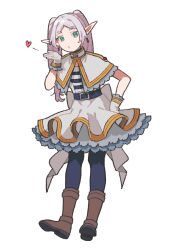 Rule 34 | 1girl, adapted costume, aqua eyes, belt, blowing kiss, blue pantyhose, boots, brown footwear, capelet, commentary request, dou (mame eee), elf, frieren, frilled skirt, frills, full body, gold trim, heart, highres, idol, long hair, o3o, pantyhose, pointy ears, puckered lips, shirt, simple background, skirt, solo, sousou no frieren, thick eyebrows, twintails, white background, white capelet, white hair, white shirt