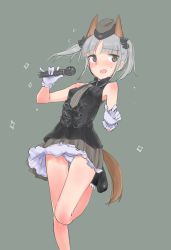 Rule 34 | 1girl, alternate costume, animal ears, aohashi ame, black footwear, bow, brave witches, edytha rossmann, female focus, fox ears, fox tail, garrison cap, gloves, hair bow, hat, highres, microphone, necktie, open mouth, panties, pantyshot, short hair, silver hair, skirt, sleeveless, solo, sparkle, standing, standing on one leg, tail, twintails, underwear, upskirt, white gloves, world witches series