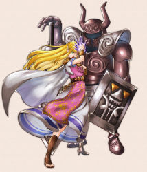 Rule 34 | 1girl, arm up, armlet, armor, armored dress, artist request, belt, belted dress, blonde hair, blue eyes, bracelet, breasts, brown footwear, cape, circlet, claymore (sword), clenched hands, collarbone, determined, diadem, dress, earrings, energy, fake horns, feet, female focus, fingernails, forehead jewel, full body, gold armor, gold belt, gold bracelet, guardian (zelda), hand on own chest, hand up, headwear request, height difference, helmet, high heel sandals, high heels, highres, holding, holding weapon, horned headwear, horned helmet, horns, jewelry, legs, living armor, long hair, long image, looking at viewer, lots of jewelry, magic, neck, necklace, nintendo, open mouth, parted bangs, pearl necklace, planted, planted sword, planted weapon, pointy ears, princess zelda, print dress, sandals, shield, short-sleeved dress, short sleeves, shoulder armor, sidelocks, simple background, size difference, standing, super smash bros., sword, symbol, tabard, tall image, the legend of zelda, the legend of zelda: a link between worlds, the legend of zelda: spirit tracks, tiara, toeless footwear, toenails, toes, triforce, triforce earrings, triforce print, tunic, two-tone dress, vambraces, weapon, white cape, white dress