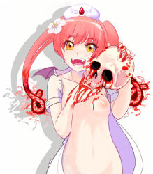 Rule 34 | 1girl, artist request, blood, blood on breasts, blood on face, blood on hands, borrowed character, breasts, censored, collarbone, derivative work, ebola-chan, fangs, flower, hair flower, hair ornament, hat, highres, jpeg artifacts, looking at viewer, nipples, non-web source, nurse, nurse cap, open clothes, open mouth, original, out-of-frame censoring, personification, pink hair, shadow, sidelocks, simple background, skull, small breasts, smile, solo, twintails, white background, yellow eyes