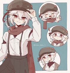 Rule 34 | !, blush, bow, closed eyes, closed mouth, commentary, genshin impact, hair between eyes, hair bow, hand on headwear, hat, highres, kaedehara kazuha, leaf, long sleeves, multicolored hair, multiple views, now shika, open mouth, red eyes, red hair, red scarf, scarf, shirt, simple background, smile, streaked hair, suspenders, sweat, symbol-only commentary, twitter username, white hair, white shirt