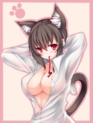 Rule 34 | 1girl, animal ears, animal hands, arm behind head, arms up, breasts, brown hair, cat ears, cat paws, cat tail, cleavage, fang, highres, large breasts, mouth hold, original, outside border, paw print, rayn, red eyes, ribbon, shirt, short hair, smile, solo, tail, unbuttoned, white shirt