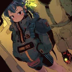 Rule 34 | 1girl, andrewcockroach, backpack, bag, bike shorts, blue hair, blush stickers, braid, cyberpunk, dutch angle, fanny pack, hairpods, hands in pockets, high collar, jacket, long hair, looking at viewer, original, product placement, red eyes, solo focus, twin braids
