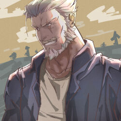 Rule 34 | 1boy, beard, facial hair, grin, highres, jacket, looking ahead, male focus, mature male, old, old man, open clothes, open jacket, overwatch, overwatch 1, qingwaoo liao, reinhardt (overwatch), scar, scar across eye, scar on face, short hair, smile, solo, thick eyebrows, thick mustache, upper body, white hair