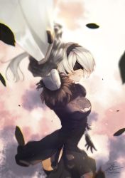 Rule 34 | 1girl, black dress, black hairband, black thighhighs, blindfold, breasts, cleavage, clothing cutout, commentary, dress, fadingzz, feather trim, gloves, hairband, highres, holding, holding sword, holding weapon, lips, long sleeves, medium breasts, mole, mole under mouth, nier:automata, nier (series), parted lips, puffy sleeves, short dress, short hair, side slit, signature, simple background, solo, sword, thighhighs, weapon, white hair, 2b (nier:automata)
