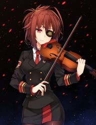 Rule 34 | 1girl, bow (music), braid, breasts, brown hair, brown pantyhose, cowboy shot, eyelashes, eyepatch, flower, formal, hair ornament, healther, instrument, long sleeves, medium breasts, military, military uniform, music, necktie, night, night sky, one eye closed, original, pantyhose, pencil skirt, playing instrument, red eyes, serious, side slit, simple background, skirt, sky, solo, standing, star (symbol), suit, uniform, violin