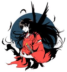 Rule 34 | 1boy, animal, animal on shoulder, bird, bird on shoulder, black feathers, black hair, circle, crow, demon boy, feathers, floating hair, from side, grin, inuyasha, inuyasha (character), japanese clothes, jewelry, katana, long hair, male focus, motobi (mtb umk), necklace, pearl necklace, pointy ears, profile, smile, solo, spot color, sword, weapon, wide sleeves