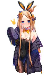 Rule 34 | abigail williams (fate), akirannu, animal ears, bare shoulders, blonde hair, blue bow, blue jacket, blush, bow, bowtie, breasts, cleavage, cowboy shot, cropped legs, detached collar, eyes visible through hair, fake animal ears, fate/grand order, fate (series), fishnet pantyhose, fishnets, gluteal fold, hair ornament, highres, jacket, jacket partially removed, large forehead, leotard, long hair, looking at viewer, navel, pantyhose, playboy bunny, rabbit ears, rabbit symbol, sleeves past fingers, sleeves past wrists, small breasts, smile, solo, thighs, very long hair, white background, yellow bow, yellow bowtie