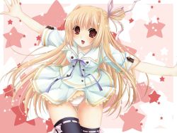 Rule 34 | 1girl, :d, black thighhighs, blonde hair, brown eyes, clothes lift, highres, hoshiful, kusuhara kotone, long hair, one side up, open mouth, outstretched arms, panties, pink background, school uniform, skirt, skirt lift, smile, solo, spread arms, star (symbol), starry background, thighhighs, underwear, upskirt, white background, white panties, white skirt
