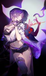 Rule 34 | 1girl, acheron (honkai: star rail), ask (askzy), asymmetrical gloves, black gloves, black shorts, breasts, chain, character name, commentary, crop top, cropped legs, different shadow, earrings, elbow gloves, gloves, highres, honkai: star rail, honkai (series), jewelry, leg tattoo, long hair, looking at viewer, looking to the side, medium breasts, midriff, navel, purple eyes, purple hair, purple thighhighs, short shorts, shorts, sideways glance, single thighhigh, solo, stomach, tattoo, thighhighs, wide sleeves