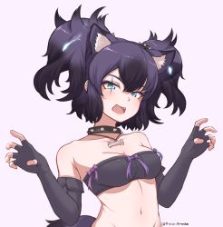 Rule 34 | 10s, 1girl, :d, animal ear fluff, animal ears, aqua eyes, bandeau, bare shoulders, black gloves, black hair, bow, breasts, cerberus (kemono, cleavage, collar, collarbone, commentary, disco brando, dog ears, dog girl, dog tail, elbow gloves, english commentary, eyeliner, fangs, fingerless gloves, friends), gloves, glowing, gradient background, hair between eyes, hair ornament, head tilt, highres, jewelry, kemono friends, lipstick, looking at viewer, makeup, medium breasts, navel, necklace, open mouth, pink background, pink lips, purple bow, scar, scar across eye, scar on face, short hair, smile, solo, spiked collar, spikes, stomach, strapless, tail, tube top, twintails, twitter username, two side up, upper body