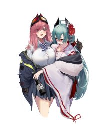 Rule 34 | 2girls, absurdres, ahoge, alcohol, aqua hair, black gloves, blue jacket, blue skirt, blush, bottle, breasts, closed mouth, clothes pull, collarbone, earrings, eyewear on head, feet out of frame, flower, fur-trimmed kimono, fur trim, girls&#039; frontline, gloves, hair between eyes, hair flower, hair ornament, hairclip, hand on shoulder, heart, heart earrings, highres, holding, holding bottle, jacket, jacket pull, japanese clothes, jewelry, kimi (hearty yuuki), kimono, large breasts, long hair, looking at another, ltlx 7000 (dancing shrine maiden) (girls&#039; frontline), ltlx 7000 (girls&#039; frontline), mole, mole under eye, multiple girls, open clothes, open jacket, open mouth, pink hair, police, police uniform, red eyes, safety glasses, sake, shirt, sig mcx (girls&#039; frontline), skirt, smile, standing, uniform, white background, white shirt