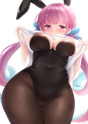 Rule 34 | 1girl, animal ears, black leotard, blue hair, blunt bangs, blush, breasts, cleavage, clothes lift, colored inner hair, commentary request, covered navel, fake animal ears, from below, hair ribbon, hololive, leotard, long hair, looking down, medium breasts, minato aqua, multicolored hair, nikoo, playboy bunny, purple eyes, purple hair, rabbit ears, ribbon, shirt, shirt lift, simple background, solo, standing, twintails, virtual youtuber, white background, white shirt, wide hips