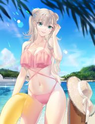 Rule 34 | 1girl, absurdres, bare arms, bikini, blue eyes, bow, breasts, cleavage, cowboy shot, day, grin, hair between eyes, hair ornament, hand in own hair, hat, hat bow, heart, heart hair ornament, highres, innertube, kotosuzu, long hair, looking at viewer, medium breasts, navel, original, outdoors, pink bikini, sideboob, smile, solo, standing, straw hat, sun hat, sunlight, swim ring, swimsuit, white bow, white hair, white hat