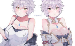 Rule 34 | animal ear fluff, animal ears, breasts, cat ears, chest jewel, cleavage, cosplay, crossed arms, dual persona, grey hair, highres, jacket, large breasts, meidza d, mio (xenoblade), mio (xenoblade) (cosplay), na&#039;el (xenoblade), nia (blade) (xenoblade), nia (blade) (xenoblade) (cosplay), nia (xenoblade), off shoulder, pout, short hair, smile, xenoblade chronicles (series), xenoblade chronicles 2, xenoblade chronicles 3, xenoblade chronicles 3: future redeemed, yellow eyes