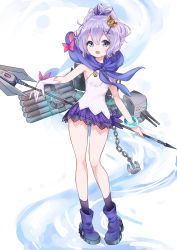 Rule 34 | 1girl, :d, azur lane, blue eyes, commentary request, crown, daiki ine, hair ornament, hair ribbon, hairpin, highres, holding, javelin (azur lane), long hair, looking at viewer, machinery, mini crown, open mouth, polearm, ponytail, ribbon, scarf, silver hair, smile, solo, torpedo tubes, turret, weapon