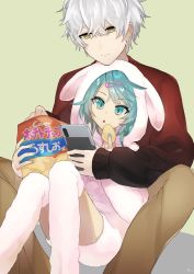 Rule 34 | 2boys, :o, animal hood, bad id, bad twitter id, cellphone, chips (food), closed mouth, food, green eyes, green hair, hair ornament, hairclip, highres, holding, holding phone, holostars, hood, hooded pajamas, kagami kira, looking down, male focus, multiple boys, ohita hio, open mouth, pajamas, pants, phone, pom pom (clothes), potato chips, simple background, smartphone, thighhighs, trap, virtual youtuber, white hair, yakushiji suzaku, yellow eyes