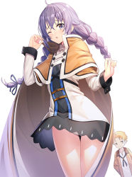 Rule 34 | 1boy, 1girl, ahoge, black ribbon, blonde hair, blush, braid, brown cape, brown capelet, cape, capelet, commentary request, dress, hair between eyes, hair ribbon, hands up, highres, long hair, looking at viewer, mushoku tensei, one eye closed, parted lips, purple eyes, purple hair, ribbon, ririko (zhuoyandesailaer), roxy migurdia, rudeus greyrat, simple background, solo focus, twin braids, very long hair, white background, white dress, yellow eyes