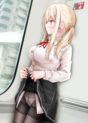 Rule 34 | 1girl, black pantyhose, black skirt, blonde hair, blush, breasts, closed mouth, clothes lift, collared shirt, cowboy shot, day, frown, gusset, highres, indoors, large breasts, lifted by self, long hair, long sleeves, looking away, looking to the side, miniskirt, neck ribbon, oouso, original, panties, panties under pantyhose, pantyhose, pleated skirt, red eyes, red ribbon, ribbon, shirt, sidelocks, skirt, skirt lift, solo, thighband pantyhose, twintails, underwear, upskirt, white panties, white shirt
