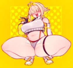 Rule 34 | ahoge, ass, averrbaverr, black gloves, black sports bra, blonde hair, blush, breasts, clothing cutout, crop top, cropped sweater, curvy, elegg (nikke), exposed pocket, gloves, goddess of victory: nikke, grey shorts, hair intakes, hair over eyes, highres, huge ass, large breasts, long bangs, long sleeves, micro shorts, multicolored clothes, multicolored gloves, multicolored hair, navel, open mouth, shiny skin, shoes, short hair, shorts, shoulder cutout, sneakers, sports bra, spread legs, squatting, suspender shorts, suspenders, suspenderspurple eyes, thigh strap, thighs, two-tone hair, wide hips, yellow gloves