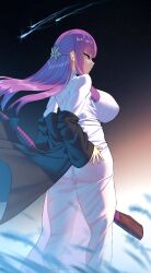 Rule 34 | 1girl, absurdres, black jacket, breasts, brooch, fern (sousou no frieren), from behind, highres, jacket, jewelry, large breasts, linear 71, long hair, pants, purple eyes, purple hair, solo, sousou no frieren, standing, sweater, white pants, white sweater