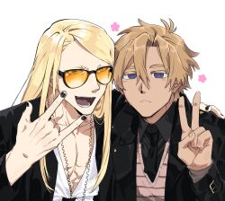 Rule 34 | 2boys, :&lt;, :d, \m/, abs, arm around shoulder, black jacket, black nails, black necktie, black shirt, blonde hair, brown sweater vest, collared shirt, colored eyelashes, curtained hair, daybit sem void, fangs, fate/grand order, fate (series), flower (symbol), green eyes, hair between eyes, highres, hunyangzi, jacket, jewelry, jitome, light blush, long hair, looking at viewer, male focus, multiple boys, necklace, necktie, open clothes, open jacket, open mouth, orange-tinted eyewear, pectoral cleavage, pectorals, plunging neckline, purple eyes, shirt, short eyebrows, short hair, simple background, smile, sunglasses, sweater vest, swept bangs, tezcatlipoca (fate), tinted eyewear, upper body, v, white background, white shirt
