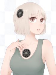 Rule 34 | 1girl, bare arms, bare shoulders, blonde hair, breasts, brown eyes, commentary request, hand fan, hand up, looking at viewer, medium breasts, original, parted lips, short hair, solo, tank top, upper body, white background, yajirushi (chanoma)