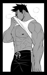 Rule 34 | 1boy, 1ssa, abs, alternate costume, bara, bare pectorals, beard, boku no hero academia, breath, casual, chest hair, clothes lift, endeavor (boku no hero academia), facial hair, greyscale, large pectorals, lifted by self, male focus, mature male, monochrome, muscular, muscular male, navel, navel hair, nipples, pants, pectorals, scar, scar across eye, scar on face, shirt lift, short hair, sideburns, solo, spiked hair, stomach, tank top, track pants, white tank top, wiping sweat
