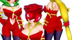 Rule 34 | 1girl, ass, between breasts, bodysuit, breasts, cape, closed mouth, clothing cutout, covered eyes, digimon, digimon (creature), elbow gloves, female focus, flower, gloves, highres, large breasts, lips, lipstick, makeup, mask, multiple views, navel, navel cutout, petals, rosemon