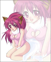 Rule 34 | 1girl, :d, animal ears, bare legs, bare shoulders, blush, breasts, cat ears, cat girl, cleavage, cleavage cutout, clothing cutout, female focus, fur collar, gloves, heart cutout, jpeg artifacts, leotard, long hair, looking at viewer, lowres, open mouth, perisie (star ocean), pink eyes, pink hair, ponytail, simple background, sitting, smile, socks, solo, star ocean, wariza, white background, white gloves, white socks, zoom layer