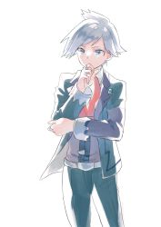 Rule 34 | 1boy, belt, belt buckle, blue eyes, buckle, closed mouth, collared shirt, commentary, creatures (company), game freak, grey hair, hand up, jacket, jewelry, long sleeves, looking at viewer, male focus, necktie, nintendo, odashi (namiri), pants, pokemon, pokemon oras, red necktie, ring, shirt, short hair, solo, spiked hair, steven stone, vest, white shirt