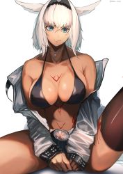 Rule 34 | 1girl, absurdres, animal ears, belt, bikini, black bikini, black hairband, blue eyes, body markings, breasts, caenis (fate), cleavage, closed mouth, collarbone, crossed bangs, dark-skinned female, dark skin, denim, denim shorts, dog ears, dog tags, fate/grand order, fate (series), feet out of frame, female focus, hair intakes, hairband, highleg, highleg bikini, highres, jacket, large breasts, looking at viewer, matsukan (dug pile), off shoulder, open clothes, open jacket, short hair, shorts, simple background, single thighhigh, smile, solo, studded jacket, swimsuit, tattoo, thighhighs, thighs, twitter username, white background, white hair