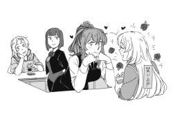 Rule 34 | 4girls, alcohol, ark royal (kancolle), arms behind back, arms on table, bar (place), bartender, blush, bob cut, bow, breasts, closed eyes, closed mouth, collared coat, collared shirt, elbows on table, flower, glass, greyscale, hair between eyes, hands on own cheeks, hands on own face, happy, heart, jacket, kantai collection, leaning forward, long hair, looking at another, lovestruck, medium breasts, messy hair, monochrome, multiple girls, necktie, nelson (kancolle), open mouth, out of frame, ponytail, rose, saratoga (kancolle), shirt, short hair, sidelocks, sitting, skirt, sleeves rolled up, talking, translation request, victorious (kancolle), weidashming, white background, yuri