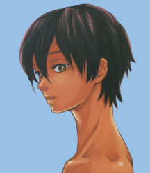 Rule 34 | 00s, 1boy, androgynous, black hair, green eyes, highres, ikezawa kazuma, looking at viewer, male focus, profile, short hair, simple background, solo, summer wars, tan, topless male