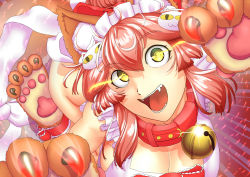 Rule 34 | 1girl, animal ears, animal hands, apron, bell, breasts, cleavage, collar, fang, fangs, fate/grand order, fate (series), fox ears, fox tail, gloves, hair ribbon, large breasts, long hair, looking at viewer, naked apron, neck bell, open mouth, paw gloves, paw shoes, pink hair, ribbon, shoes, solo, tail, tamamo (fate), tamamo cat (fate), tamamo cat (third ascension) (fate), tamamo no mae (fate/extra), yellow eyes, yui sora