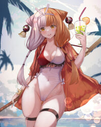 Rule 34 | 1girl, blunt bangs, blush, breasts, brown hair, cleavage, cup, drinking glass, fate/grand order, fate (series), hair ornament, hair ribbon, highres, izumo no okuni (fate), katana, long hair, looking at viewer, medium breasts, multicolored hair, open mouth, ribbon, sidelocks, smile, solo, split-color hair, sword, thigh strap, thighs, two-tone hair, ura illust, weapon, white hair, yellow eyes