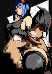 Rule 34 | 1990s (style), black legwear, blue hair, blunt bangs, blurry, blush, bob cut, clothed sex, clothing aside, cum, curvy, demon girl, depth of field, double penetration, elbow gloves, furry, fushisha o, gloves, grin, group sex, half-closed eyes, halterneck, hare (monster farm), highres, hip focus, horns, interspecies, leotard, leotard aside, mmf threesome, monster farm, monster girl, multiple penetration, naughty face, poison (monster farm), red eyes, retro artstyle, sex, shi yusu, short hair, silhouette (monster farm), size difference, smile, thigh strap, thighhighs, thighs, threesome, wide hips, wings