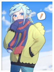 Rule 34 | !, 1boy, aroma 0404, blue eyes, blue mittens, blue scarf, blush, border, breath, cloud, commentary request, creatures (company), eyelashes, game freak, green pants, grusha (pokemon), hand in pocket, hand up, highres, jacket, male focus, mittens, nintendo, outdoors, outside border, pants, pokemon, pokemon sv, scarf, scarf over mouth, sky, solo, spoken exclamation mark, striped clothes, striped scarf, white border, yellow jacket