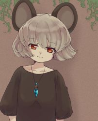 Rule 34 | 1girl, alternate costume, animal ears, grey hair, iris anemone, jewelry, looking at viewer, mouse ears, nazrin, necklace, red eyes, shirt, short hair, short sleeves, simple background, smile, solo, touhou