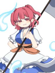 Rule 34 | 1girl, blue dress, blush, breasts, cleavage, coin, commentary request, doonatsu0903, dress, hair bobbles, hair ornament, looking at viewer, obi, onozuka komachi, red eyes, red hair, sash, short hair, short sleeves, simple background, solo, touhou, two side up, white background