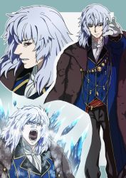 Rule 34 | 1boy, ascot, black pants, blue border, blue coat, border, breath, clenched teeth, closed mouth, coat, coat on shoulders, cropped shoulders, fangs, feet out of frame, frost, fur coat, gloves, grey background, grey hair, ice, icicle, kiya hajime, long sleeves, looking at viewer, male focus, medium hair, multiple views, open clothes, open coat, open mouth, outstretched arm, pants, parted lips, red eyes, sash, sidelocks, teeth, tongue, tsukihime, tsukihime (remake), tsurime, upper body, vlov arkhangel, white ascot, white gloves, wide-eyed, winter clothes, winter coat