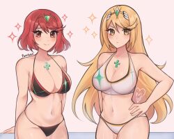 Rule 34 | bikini, blonde hair, blush, breasts, cleavage, highres, large breasts, long hair, midriff, mythra (xenoblade), navel, purrlucii, pyra (xenoblade), red hair, short hair, smile, sports bra, swimsuit, xenoblade chronicles (series), xenoblade chronicles 2