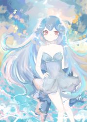 Rule 34 | 1girl, absurdres, bao (vtuber), bao (vtuber) (1st costume), bare shoulders, blue bow, blue hair, bow, breasts, cleavage, commentary, dress, english commentary, grey dress, hand on own hip, highres, huge bow, indie virtual youtuber, light blush, liquid hair, long hair, nox (noxiesart), red eyes, small breasts, smile, solo, very long hair, virtual youtuber, water