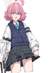 Rule 34 | 1girl, absurdres, ahoge, armband, beretta 1301, black skirt, blue archive, blue eyes, blue necktie, blue vest, bulletproof vest, commentary, gun, hair flaps, halo, heterochromia, highres, holding, holding gun, holding weapon, hoshino (blue archive), hoshino (young) (blue archive), huge ahoge, long sleeves, looking at viewer, necktie, open mouth, pink hair, pink halo, plaid, plaid skirt, pleated skirt, puffy long sleeves, puffy sleeves, shirt, short hair, skirt, solo, symbol-only commentary, tobildesu, vest, weapon, white shirt, yellow eyes