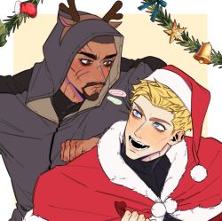 Rule 34 | 2boys, beard, christmas, couple, dark-skinned male, dark skin, facial hair, goatee, hat, highres, interracial, looking at another, looking back, male focus, mature male, multiple boys, mustache, overwatch, overwatch 1, reaper (overwatch), red headwear, santa costume, santa hat, scar, short hair, soldier: 76 (overwatch), thick beard, thick eyebrows, upper body, yaoi, yxkhage