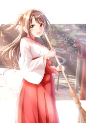 Rule 34 | 1girl, 2022, absurdres, blurry, blurry background, blush, bow, breasts, broom, brown eyes, brown hair, citrusmikan, cowboy shot, day, dot nose, grid background, hair bow, hakama, hakama skirt, hands up, happy new year, highres, holding, holding broom, idolmaster, idolmaster cinderella girls, idolmaster cinderella girls starlight stage, japanese clothes, kimono, long hair, long sleeves, looking at viewer, medium breasts, miko, new year, one side up, open mouth, photo background, red bow, red hakama, shimamura uzuki, shrine, skirt, smile, solo, standing, waist bow, white kimono, wide sleeves