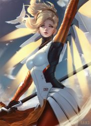 Rule 34 | 1girl, arm up, bad id, bad tumblr id, bird, blonde hair, blue eyes, bodysuit, dove, gloves, glowing, glowing wings, halo, high ponytail, holding, holding staff, long hair, mechanical halo, mechanical wings, mercy (overwatch), overwatch, overwatch 1, pantyhose, parted lips, raikoart, sky, solo, spread wings, staff, wings, yellow wings